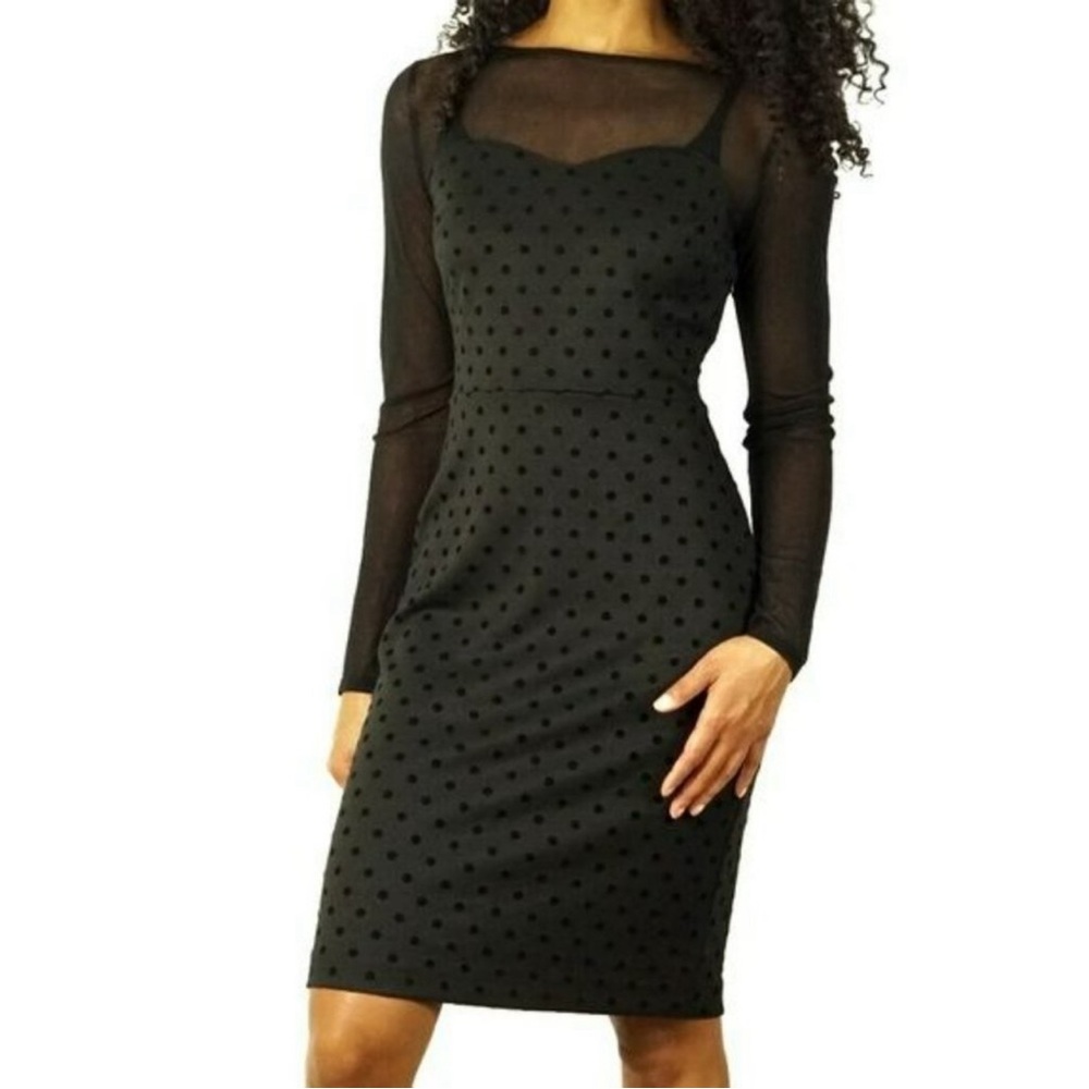 ⚫Black Polka Dot Mesh Sleeve Sheath Dress